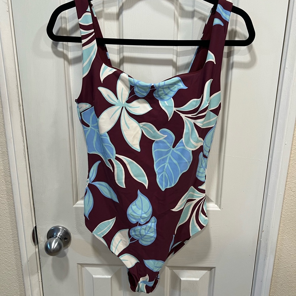 Shade & Shore Floral One-Piece Swimsuit in Burgundy with Blue & Cream Leaves